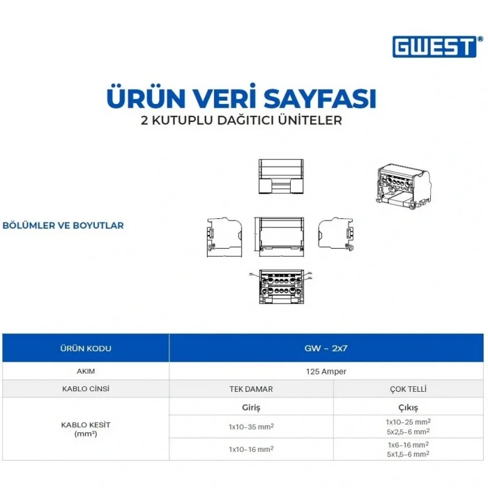 Gwest GW-2x7 2 Kutuplu 125A Girişli Dağıtıcı Ünite