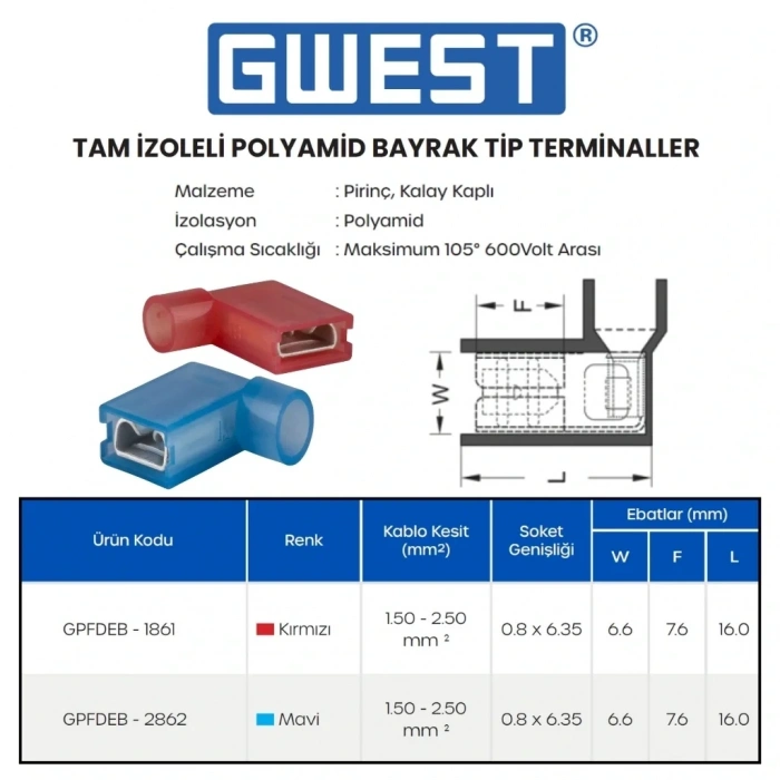 Gwest İzoleli Polyamid Bayrak Tip Terminal GPFDEB-2862 1.5-2.5mm 100 Adet