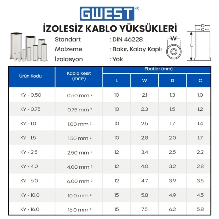 Gwest İzolesiz Kablo Yüksüğü KY-10.0 250 Adet