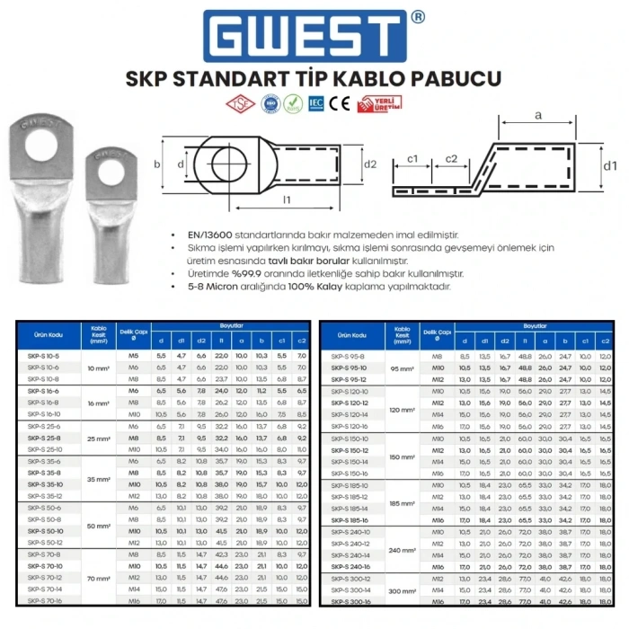 Gwest Standart Tip Sıkmalı Kablo Pabucu SKP-S 240-14 25 Adet