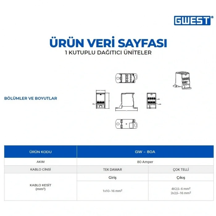 Gwest GW-80A Tek Kutuplu 80A Girişli Dağıtıcı Ünite