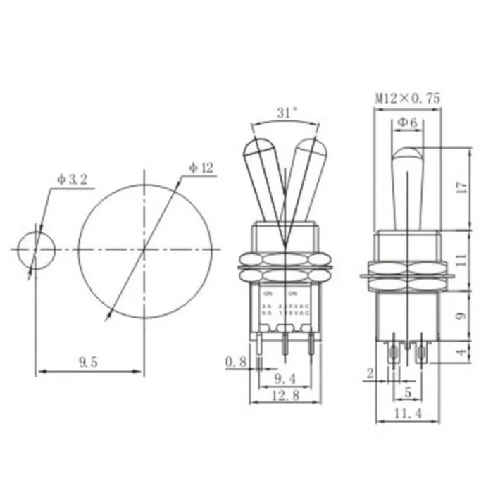 IC-148G Toggle Switch On-Off 12mm 6P MTS-202L
