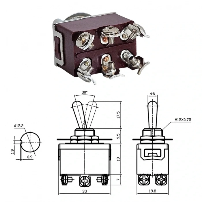 IC-157 Toggle Switch On-Off Ø12mm 6P KN3C-202