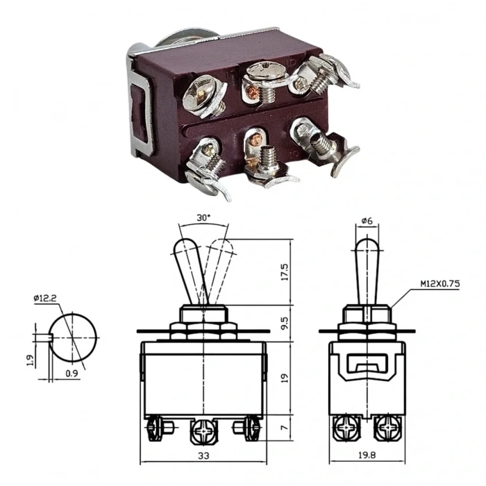 IC-159 Toggle Switch 6P On-Off-Mom Ø12mm KN3C-213