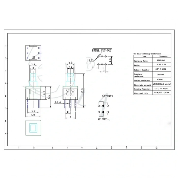 IC-196A 6 Pinli Bacaklı Kalıcılı Yaylı Push Buton 6x6mm