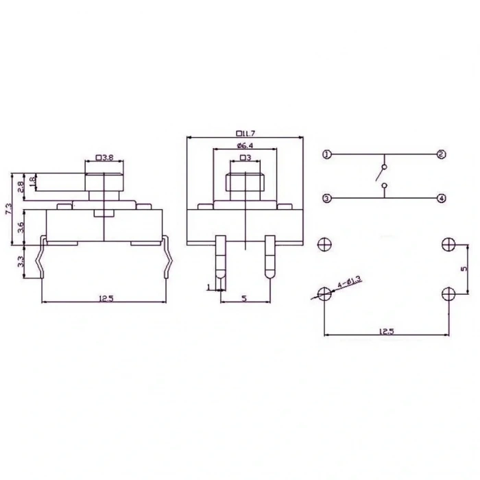 IC-204 12x12x7.3mm 4 Pinli Push Buton Tact Switch