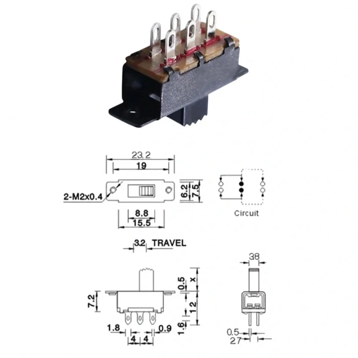 IC-208A Slide Switch On-Off-On 6P
