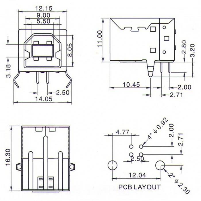 IC-262 USB 2.0 B Konnektör 90C Dişi (USB Type-B Connector)
