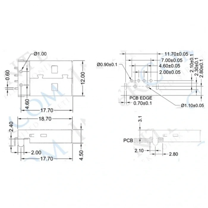 IC-264 USB Şase A Tip 90° Erkek Konnektör