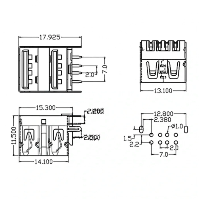 IC-265E USB İkili 2.0 Şase A Tip Dişi 90° Siyah