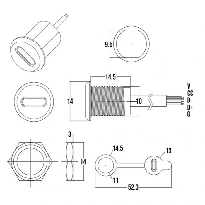 IC-266T-2 Pano Tip Type-C Şase Dişi Soket 5P ( Şarj + Data )