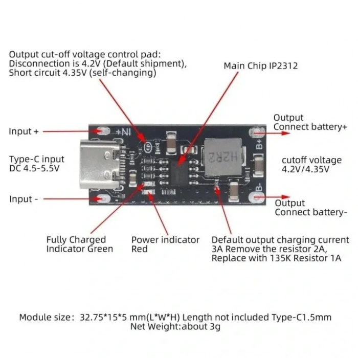 IP2312 Type-C 3A Lityum Batarya Hızlı Şarj Modülü