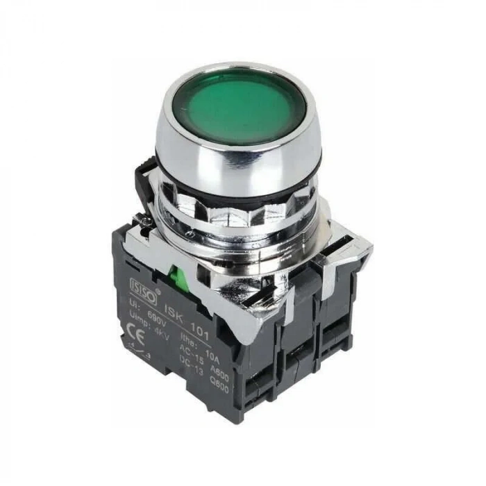 ISM-BW33M5 220V Işıklı Yaylı Metal Buton - Yeşil