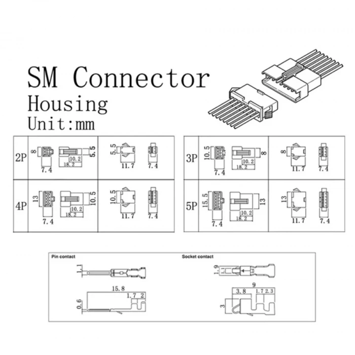 JST-SM 2.54mm 2/3/4/5 Pin Konnektör Seti - 200 Parça
