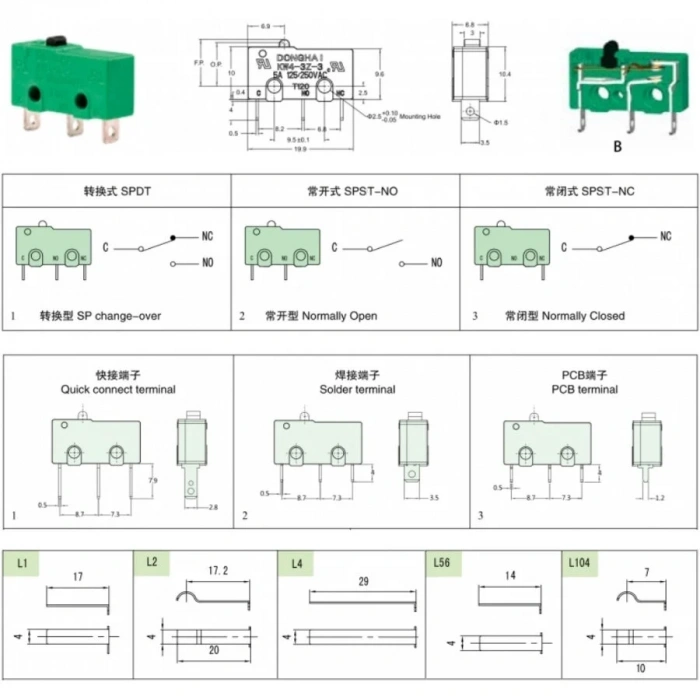 KW4-3Z-3B322023L1 SPST NC 2-Pin Micro Switch