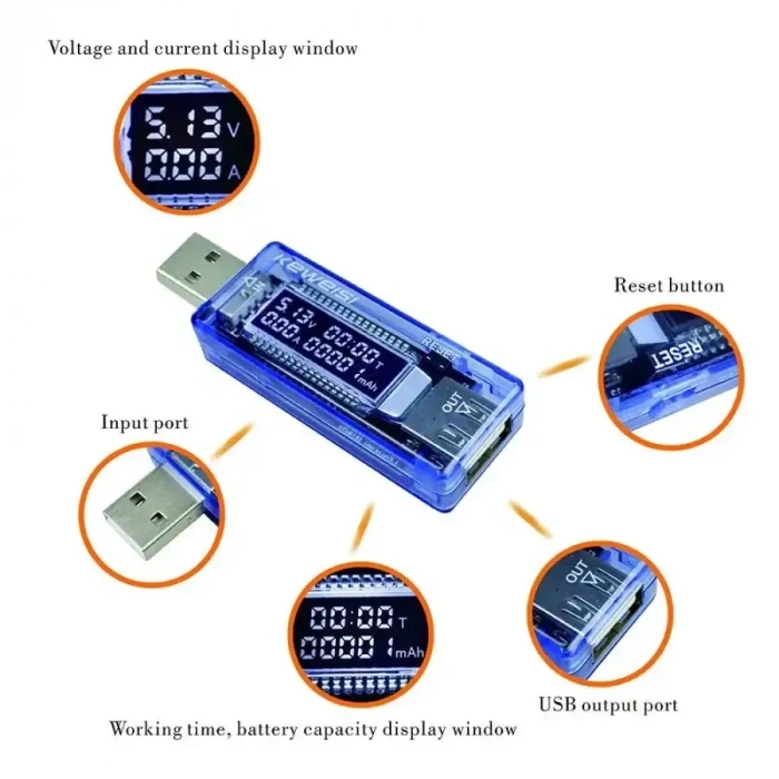 KWS-V20 Led Ekranlı USB Voltmetre Ampermetre USB Şarj ve Kapasite Cihazı
