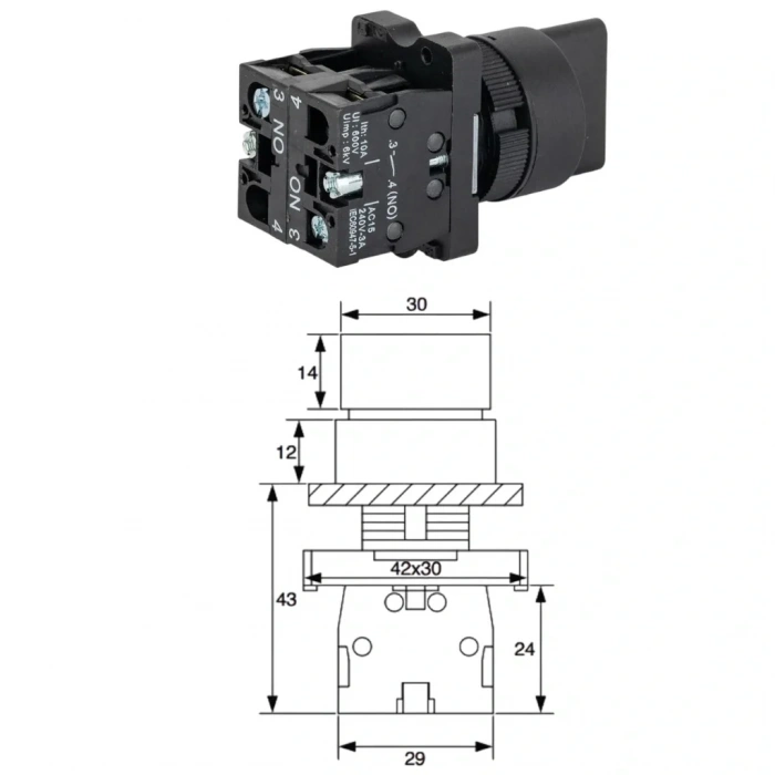 LAY5-ED33 22mm Kısa Mandal Switch 1-0-2 Kalıcı (2NO)