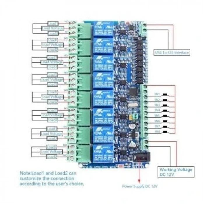 Modbus-RTU 12V 8 Kanal Röle Modülü