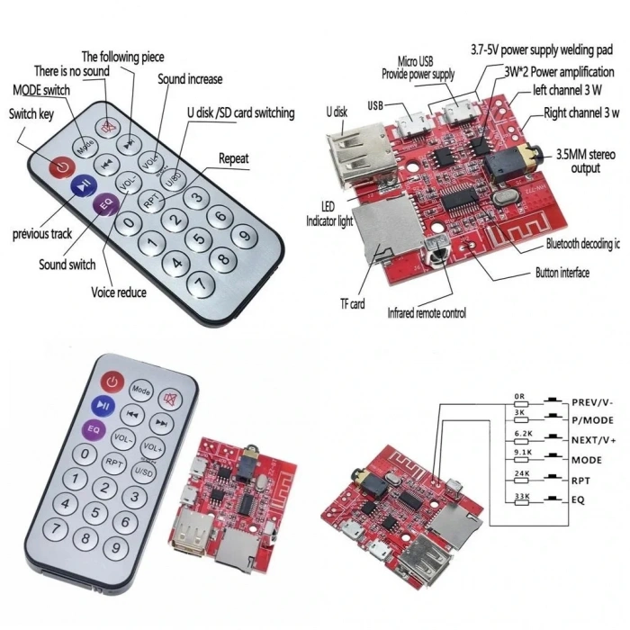 MP3 Kumandalı Bluetooth Amfi Modülü SD Kart + USB