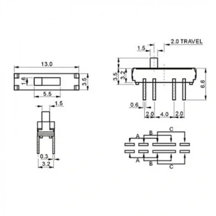 MSS-23D18 2P3T 3 Konumlu 8 Pin Sürgülü Slide Switch