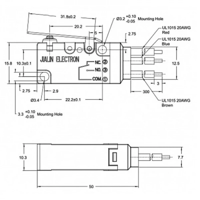MT3-BAA300L82-GA300 SPDT NO+NC 3-Pin Su Geçirmez Kablolu Micro Switch