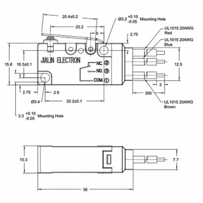 MT3-BAA300L84-GA300 SPDT NO+NC 3-Pin Su Geçirmez Kablolu Micro Switch
