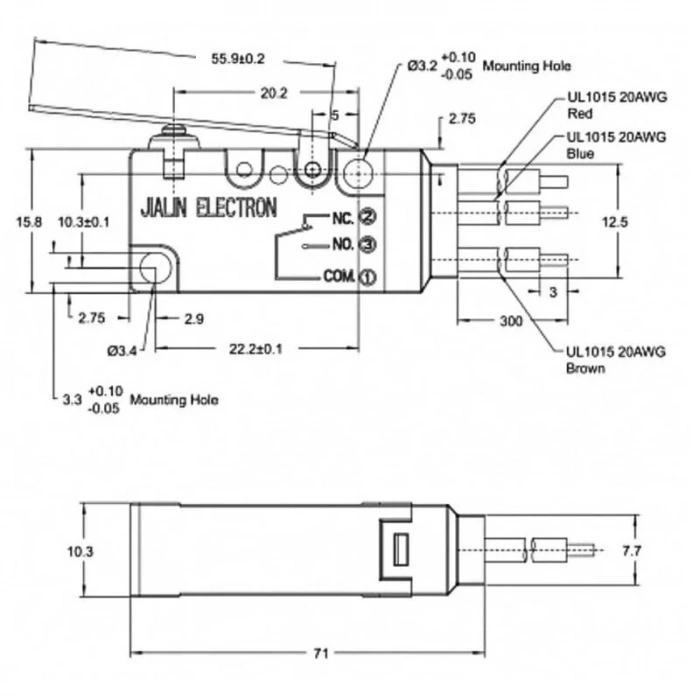 MT3-BAA300L88-GA300 SPDT NO+NC 3-Pin Su Geçirmez Kablolu Micro Switch