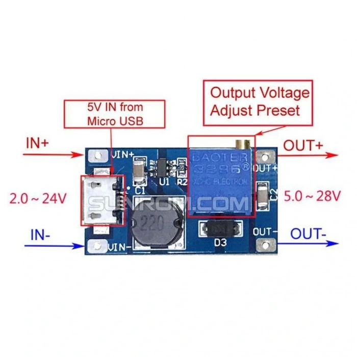 MT3608 2A Dc-Dc Güç Modülü Micro USB Çıkışlı
