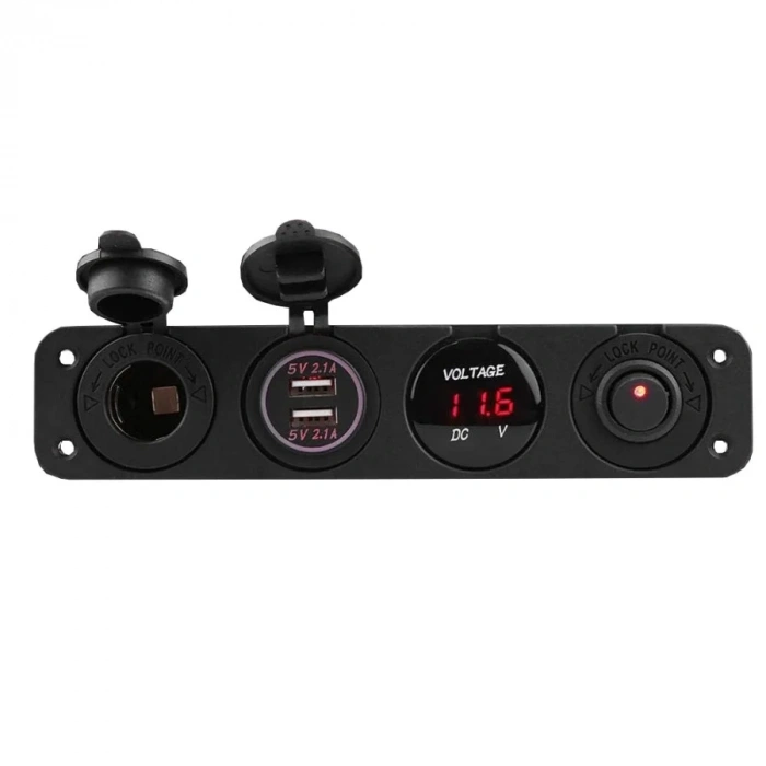 ON-OFF Kırmızı Nokta Anahtarlı 2x5V USB Çakmaklık ve Voltaj Göstergeli Marine Panel