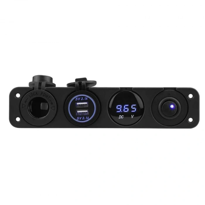 ON-OFF Mavi Nokta Anahtarlı 2x5V USB Çakmaklık ve Voltaj Göstergeli Marine Panel