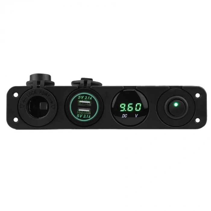 ON-OFF Yeşil Nokta Anahtarlı 2x5V USB Çakmaklık ve Voltaj Göstergeli Marine Panel