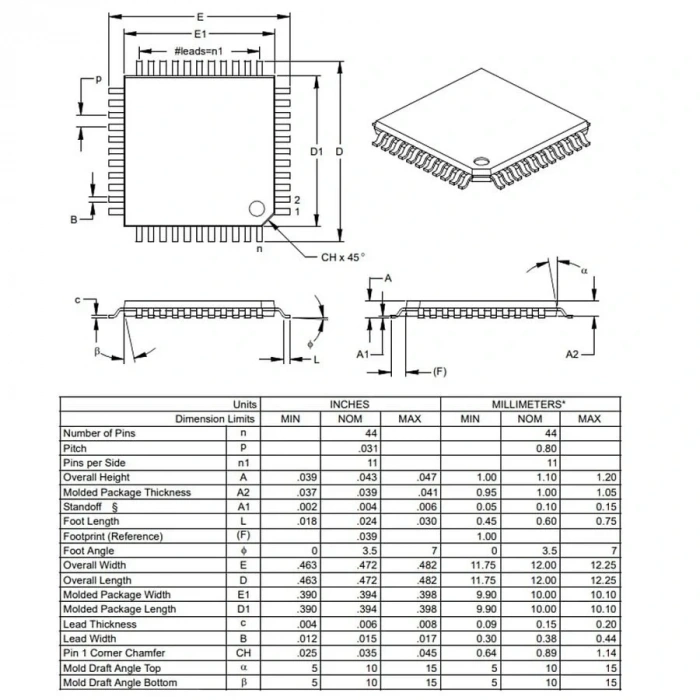 PIC16F877A I/PT SMD TQFP-44 8-Bit 20 MHz Mikrodenetleyici