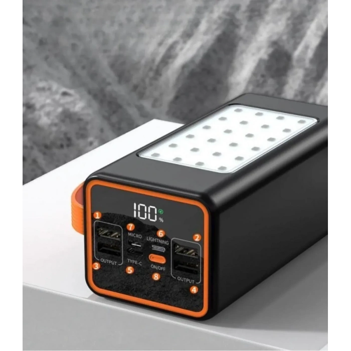 PW-55 4xUSB 22.5W LCD Göstergeli Kordonlu Kamp Işıklı 50.000mAh Powerbank
