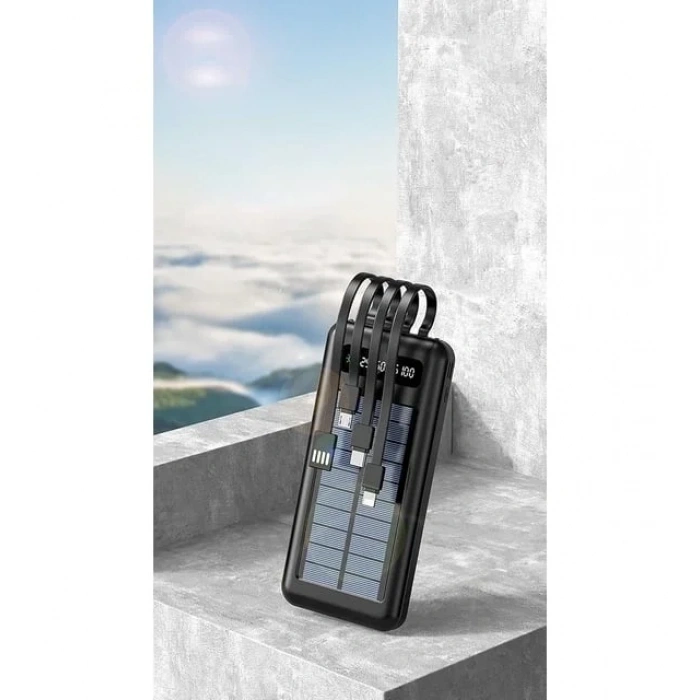 PW-59 Solar Led Fenerli LCD Göstergeli Dahili Kablolu Powerbank 10.000mAh