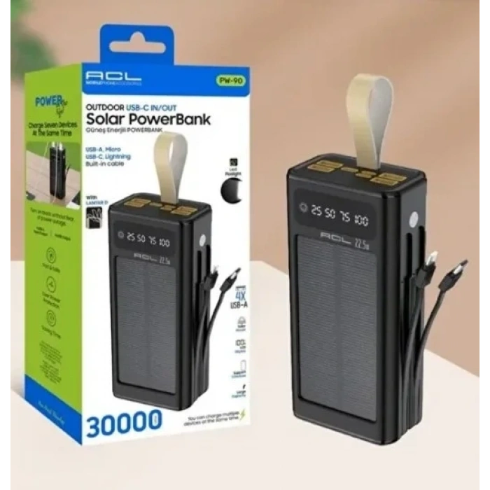 PW-90 LCD Ekran Dahili Mikro Type-C Lightning 4 x USB Powerbank
