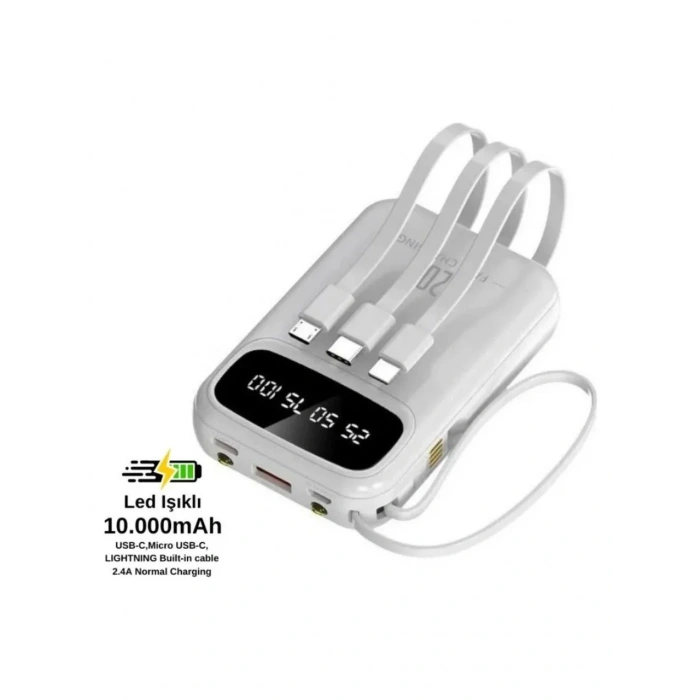 PW-97 2.4A LCDli 1xUSB-A Dahili Mikro Type-C Lightning 10.000mAh Powerbank