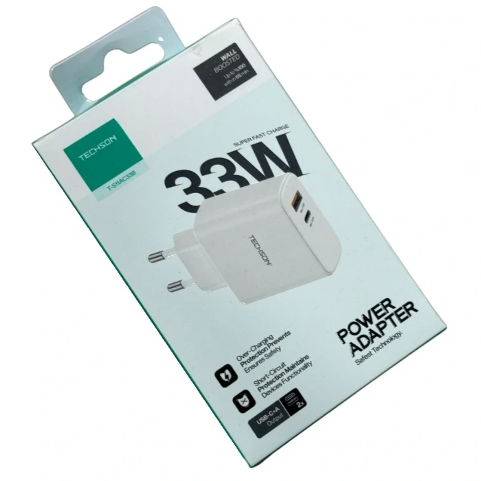 TECHSON 33W Type-C + USB Hızlı Şarj Adaptörü Şarj Başlığı Beyaz S11AC33B