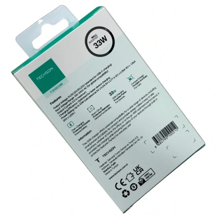 TECHSON 33W Type-C + USB Hızlı Şarj Adaptörü Şarj Başlığı Beyaz S11AC33B