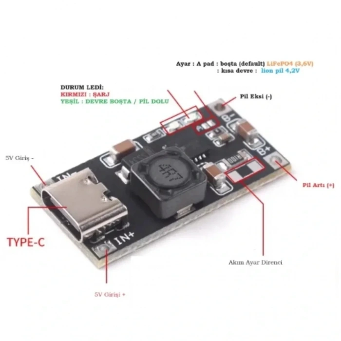 TP5000 LiFePO4 ve Li-ion Pil Şarj Devresi Type-C Girişli Modül 1A