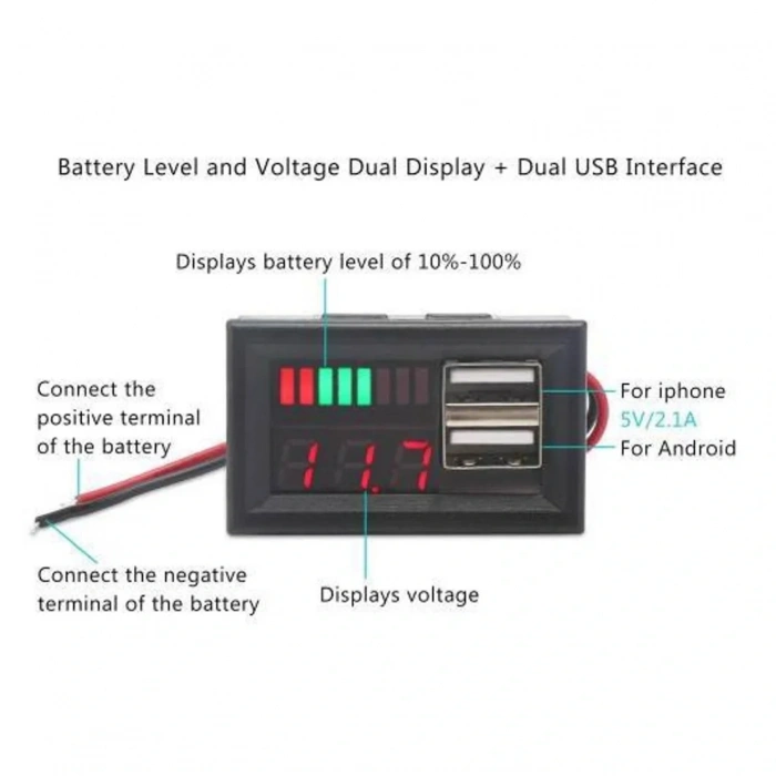 USB Çıkışlı Dijital Voltmetre Ekranlı 5V 2A IOS-Android Çıkışlı