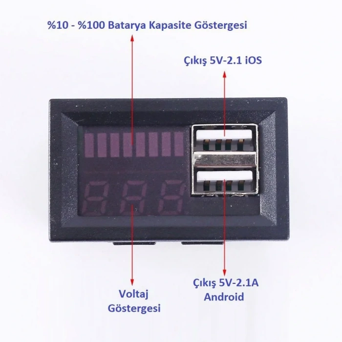 USB Çıkışlı Dijital Voltmetre Ekranlı 5V 2A IOS-Android Çıkışlı