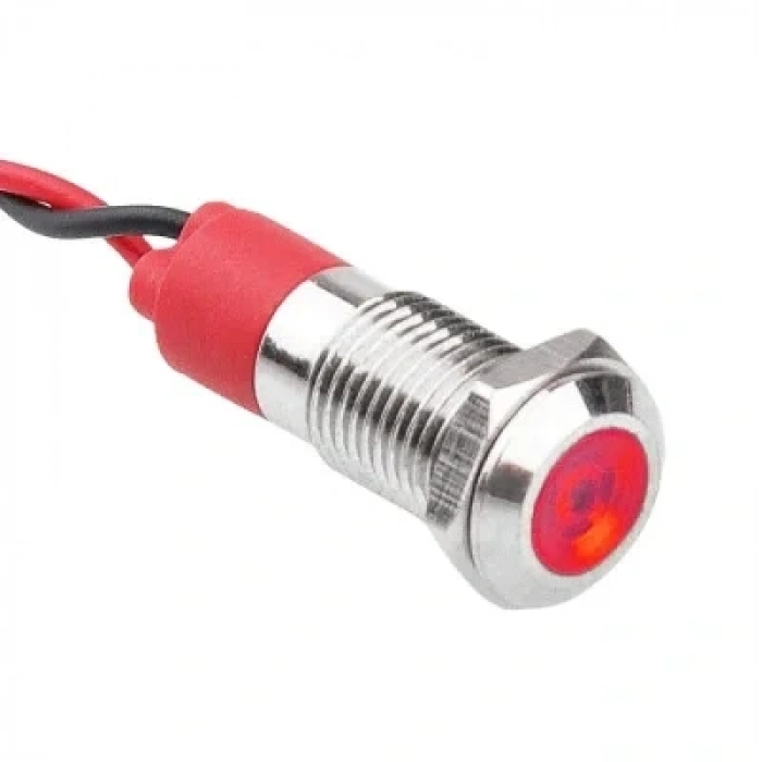 WD08L-P2 8mm 12-24V Kablolu Metal Sinyal Lambası - Kırmızı