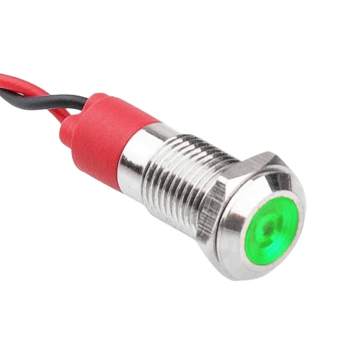 WD08L-P2 8mm 12-24V Kablolu Metal Sinyal Lambası - Yeşil