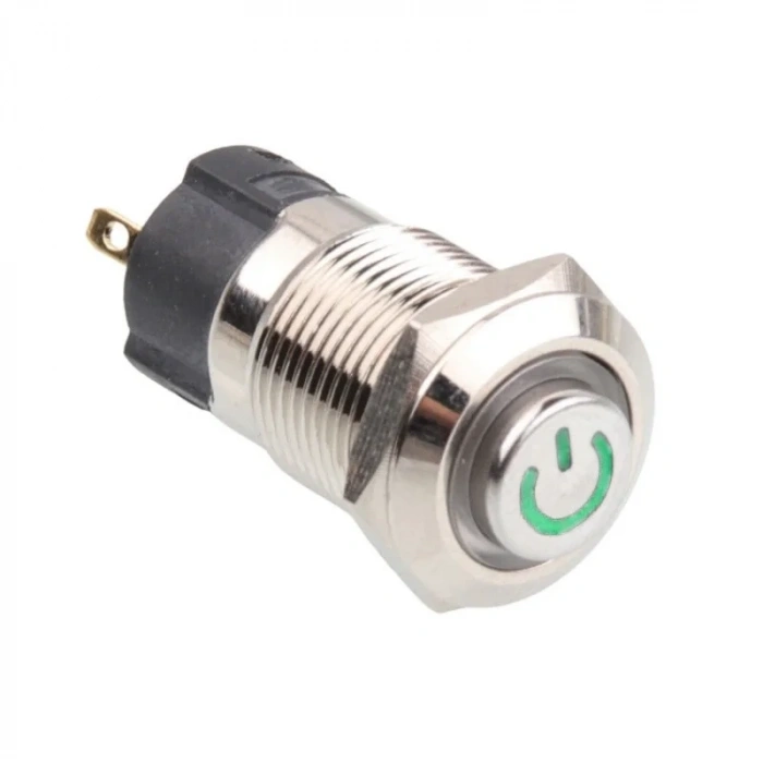 WD12A-G1-C 12mm Çıkık Yaylı Işıklı Power Metal Buton - Yeşil