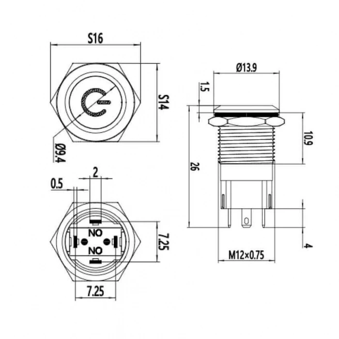 WD12A-P1-C 12mm Düz Yaylı Işıklı Power Metal Buton - Kırmızı