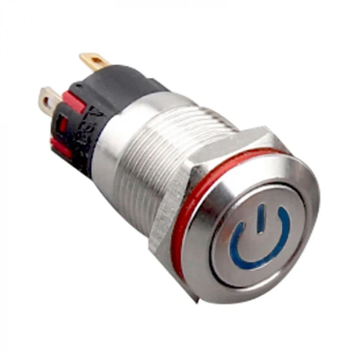 WD12A-P1-C 12mm Düz Yaylı Işıklı Power Metal Buton - Mavi