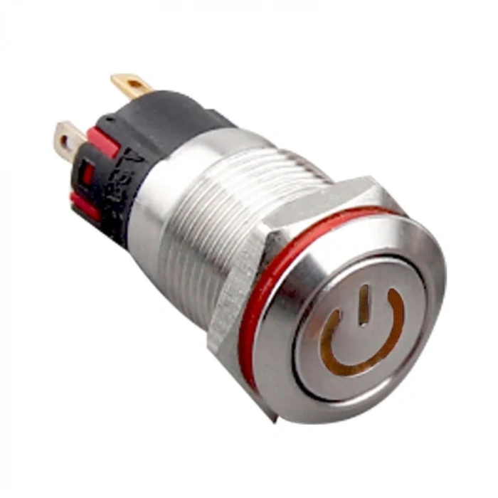 WD12A-P1-C 12mm Düz Yaylı Işıklı Power Metal Buton - Sarı