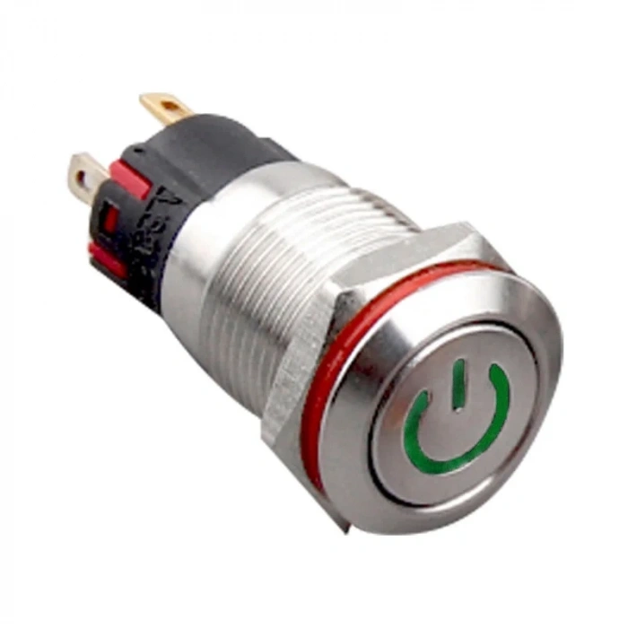 WD12A-P1-C 12mm Düz Yaylı Işıklı Power Metal Buton - Yeşil