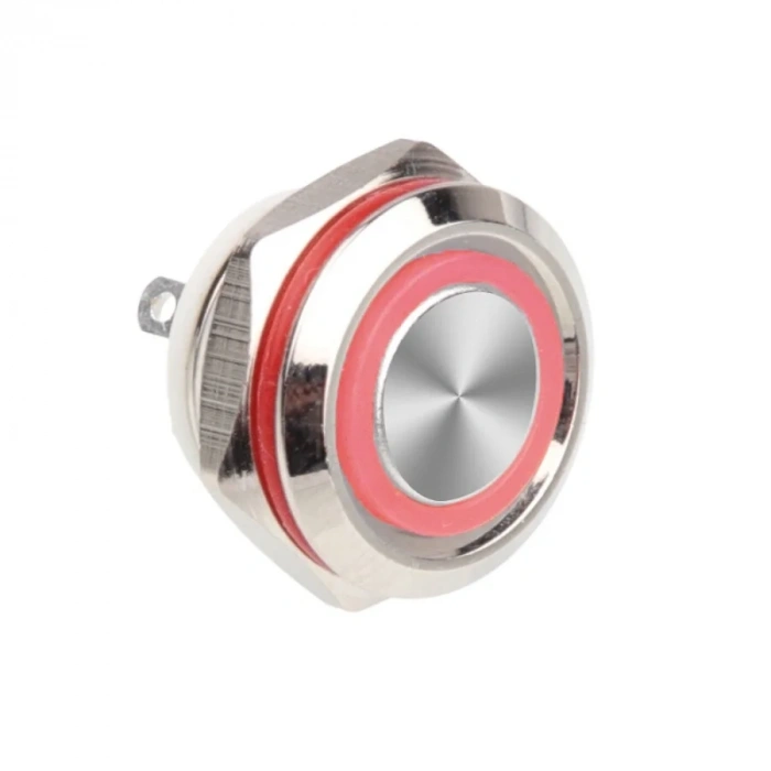 WD12C1-Pin-P1-E 12mm Düz Yaylı Işıklı Metal Buton - Kırmızı
