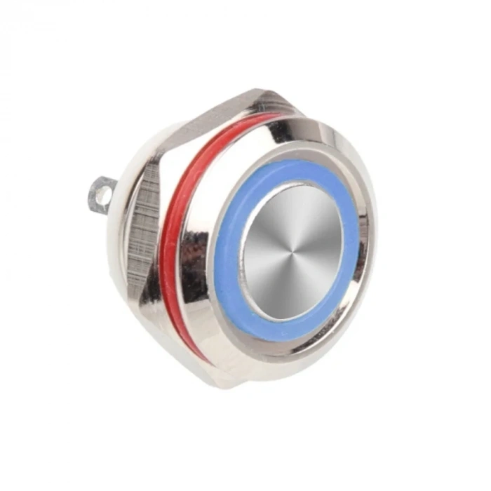 WD12C1-Pin-P1-E 12mm Düz Yaylı Işıklı Metal Buton - Mavi